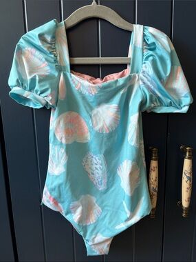 Pepita & Me Toddler Turquoise Seashell Puff-Sleeve One-Piece Swimsuit - 4T